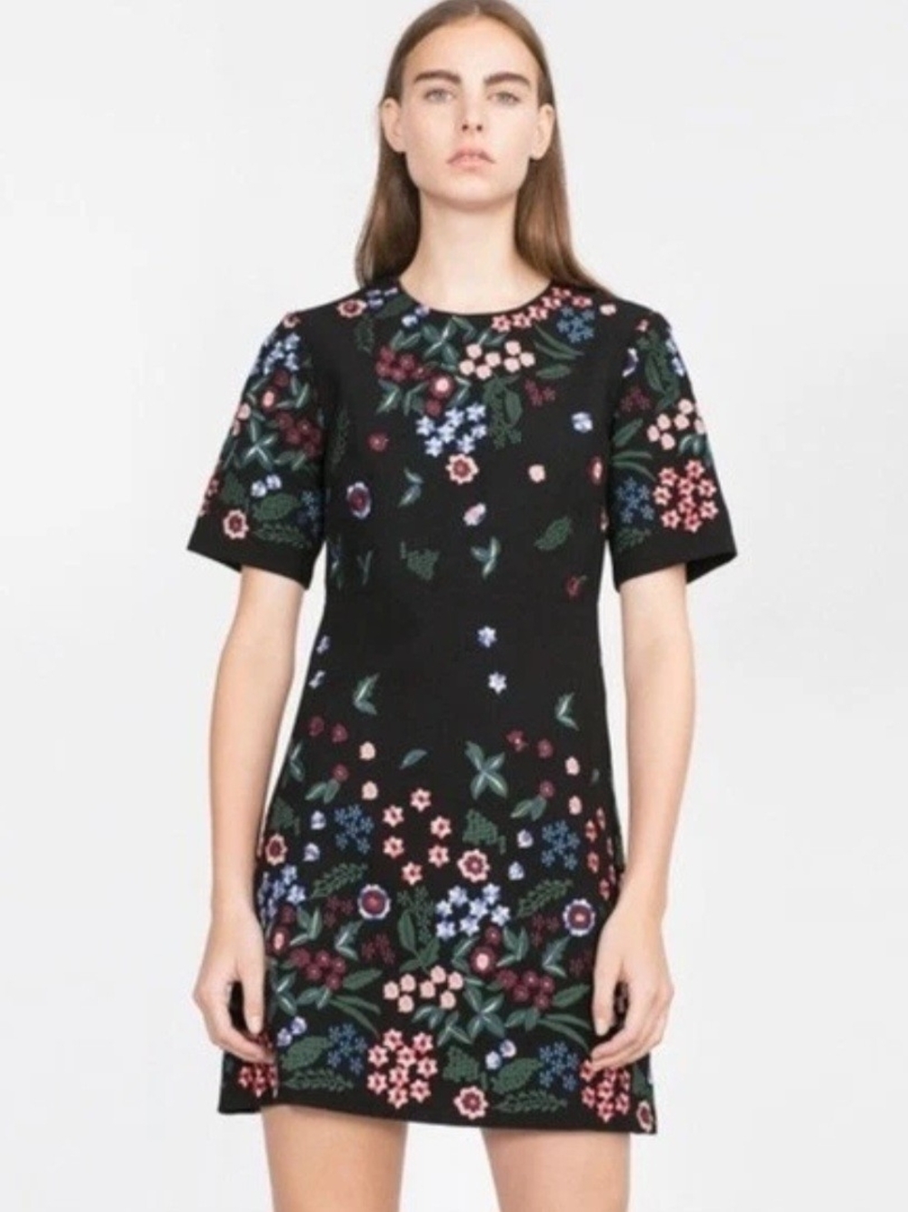 Zara Black Floral Mini Dress with Multicolor Blooms